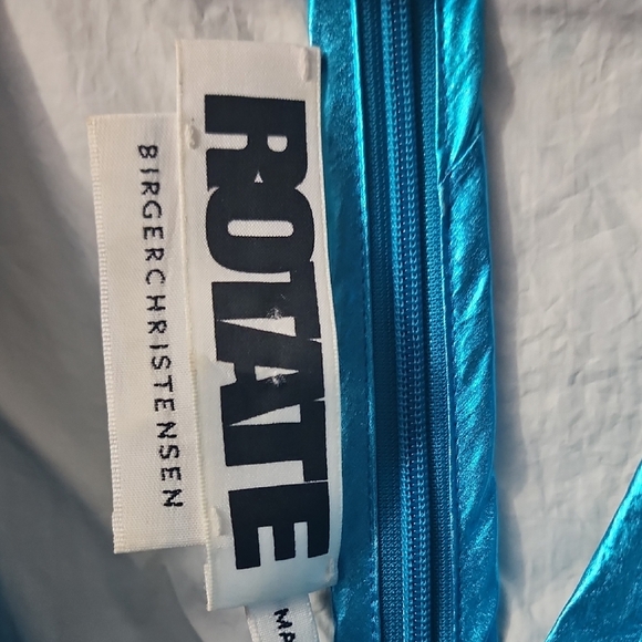 ROTATE 80S INSPIRED LAME METALLIC FOIL Blue Wrap Dress - Picture 2 of 3